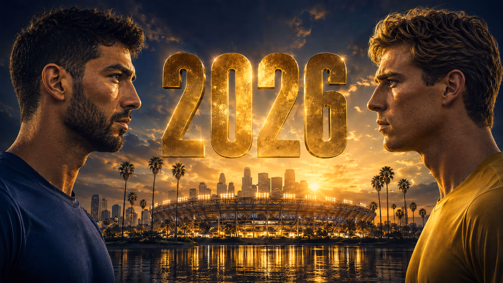Two soccer players face off under a glowing gold 2026 with the Los Angeles skyline and stadium at golden hour
