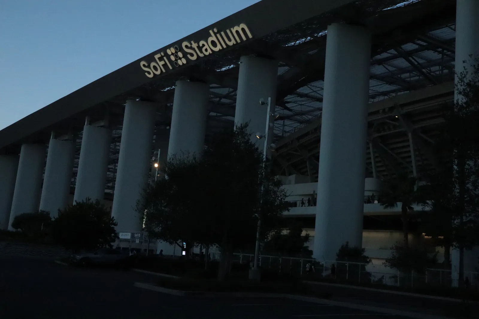 The SoFi Stadium exterior canopy and signage