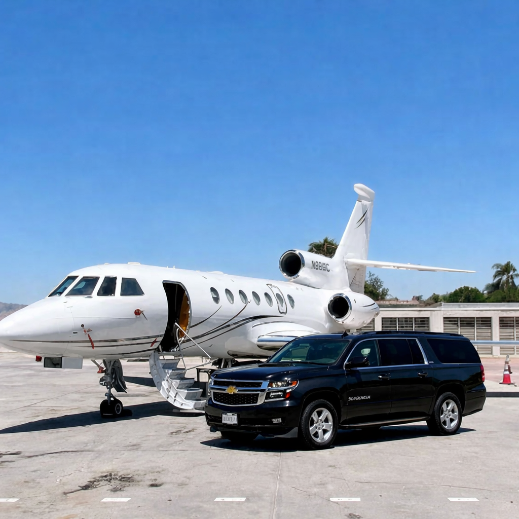 Private jet on the runway at Van Nuys Airport with VIP luxury SUV transportation service in Los Angeles
